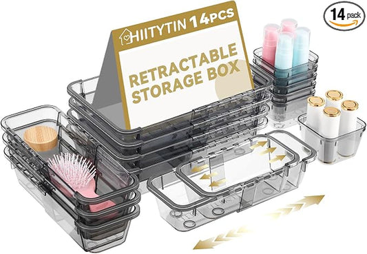 14 Pcs Adjustable Clear Drawer Organizer, Extendable Vanity Storage Bins, Desk Drawer Organizer Set for Makeup, Cosmetics, Bedroom, and Gadgets, Black