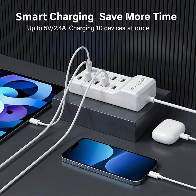 10-Port USB Charging Station 50W 10A with 5-Pack USB-A to C Cables, Ultra-Compact Multi Device Charger Block, Desktop Charging Hub Organizer for Phone, Tablet, Earbuds (White)
