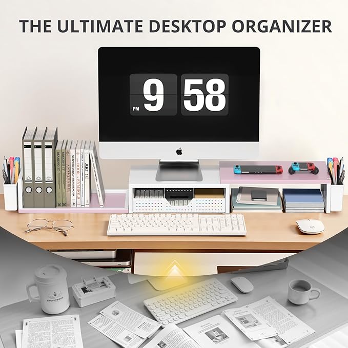 OPNICE Desk Organizers and Accessories, Dual Monitor Stand Riser with Drawer and 2 Pen Holders, Desk Shelf Wood Computer Racks for Office Workspace Organizers, Desktop Organization (Pink-White Wood)