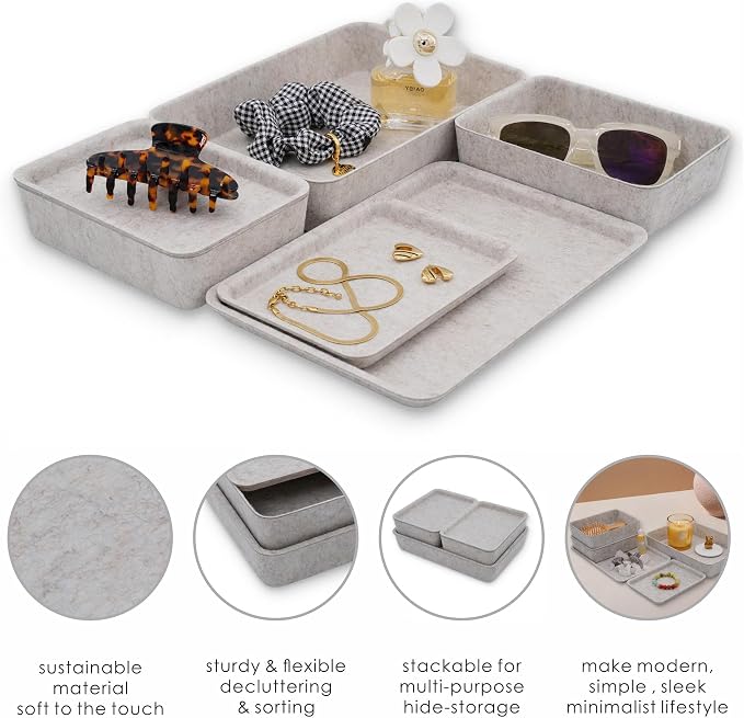 Welaxy Oatmeal Lidded Felt Drawer Organizers 3pc Office Makeup Storage Box