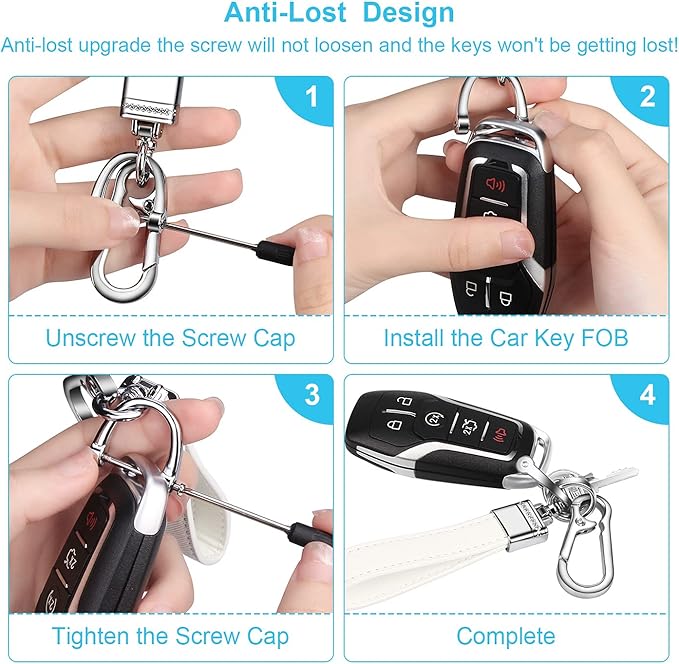 QBUC Genuine Leather Car Keychain,Universal Heavy Duty Metal Key Chain Accessories,Car Fob Key Keychain Holder with 360 Degree Rotatable Snap Swivel and Anti-Lost D-Ring for Men Women(White)