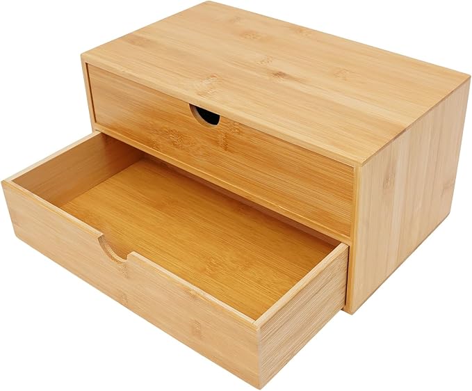 Bamboo Desk Organizer 2 Drawers Tabletop Storage Organization Box, No Assembly Needed for Home Office Storage, 12.99 * 7.48 * 6.3in (1 above & 1 below)
