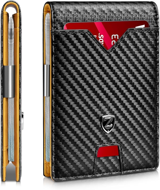 Zitahli Slim Wallet for Men with Money Clip, Minimalist Front Pocket RFID Blocking Leather Wallets Bifold Credit Card Holder, 11 Card Slots and ID Window with Gift Box