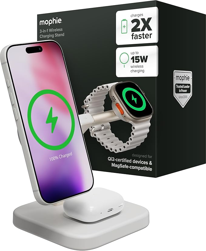 Mophie 3-in-1 Wireless Charging Stand - Qi2-Certified, MagSafe Charger for iPhone, Apple Watch & AirPods – Fast Charging Station with Adjustable Phone Stand & Cable Management – Up to 15W Power, White