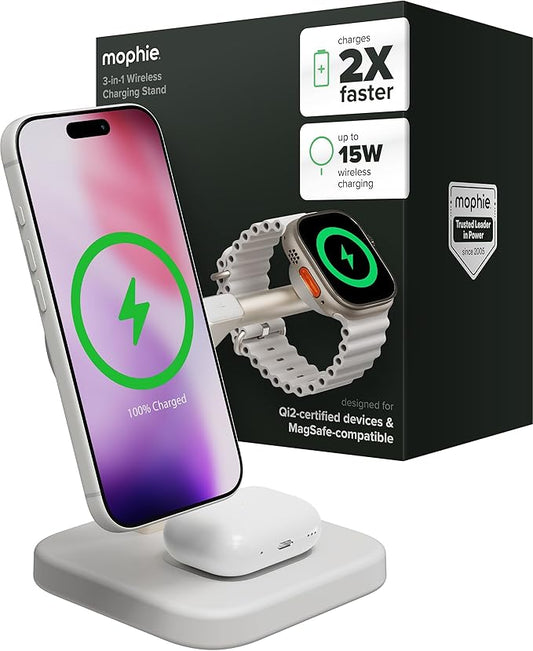 Mophie 3-in-1 Wireless Charging Stand - Qi2-Certified, MagSafe Charger for iPhone, Apple Watch & AirPods – Fast Charging Station with Adjustable Phone Stand & Cable Management – Up to 15W Power, White