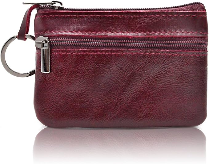 Freezx Women Genuine Leather Coin Pouch Zip Mini Purse Wallet Key Chain Double Zipper