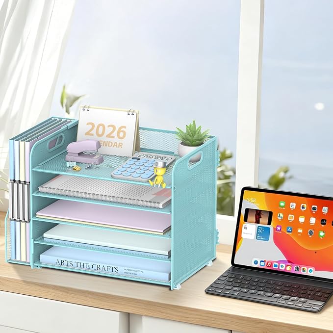 SUPEASY 5-Tier Desk Organizer with File Holder, Desk Organizers and Accessories, Paper Organizer for Desk, Mesh Desktop File Organizer, Workspace Organizers for Office School Home, Blue