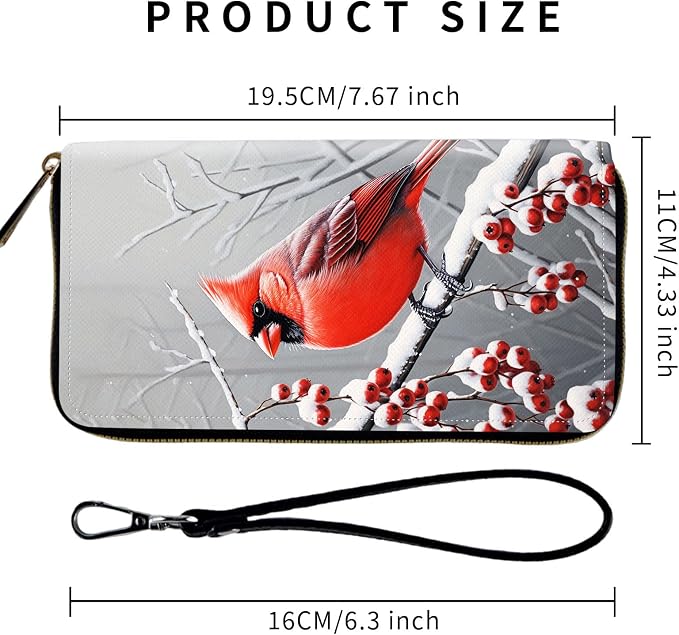 Wallet,Leather Long Wallet Suitable For Ladies And Teenagers - Detachable Wristband + RFID Travel Wallet With Card Slot - Cardinal in Snow