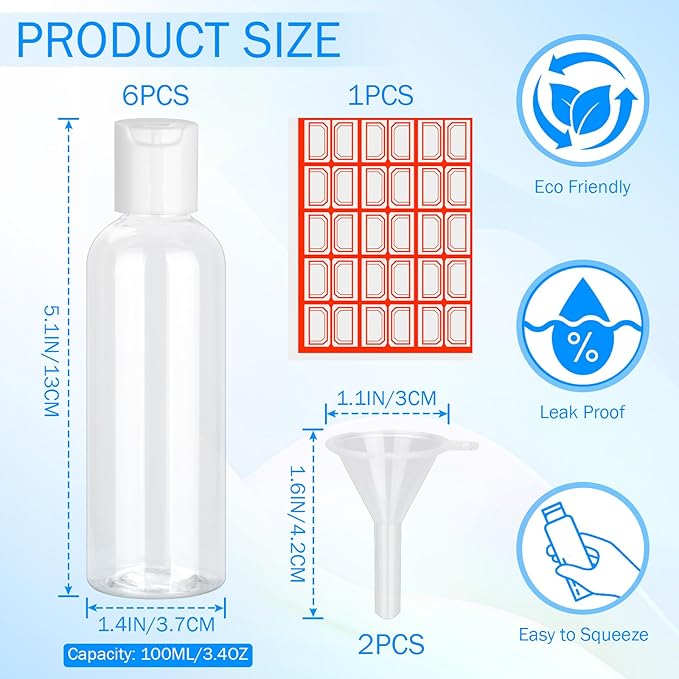 6 Pack Travel Bottles for Toiletries, 3.4 oz Travel Bottles TSA Approved Leakproof Plastic Empty Bottles, Toiletry Containers with Labels for Shampoo Conditioner Lotion Travel Essentials Accessories