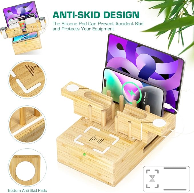 Darfoo Bamboo Phone Charging Station for Multiple Devices - Qi Certified Fast Wireless Charger & 7 USB Ports for All Phones, Tablets, Smart Watches & Earbuds (2 Stands)