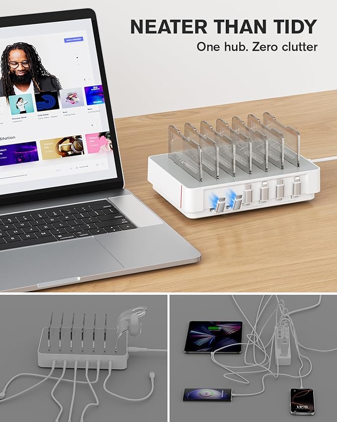 SooPii HomeHub H1 Charging Station for multiple devices,Upgraded 6-Port Desktop Fast Charger with 6 Retractable Cablesï¼?*C+2*iPï¼?60W PD charger station for iPhone/Tablet,Tangle-Free Charging Organizer