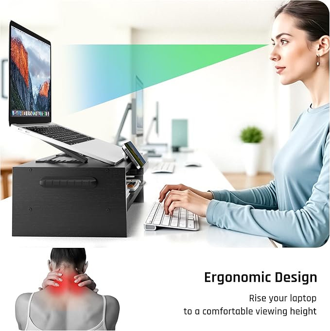Adjustable Wood Laptop Stand, Ergonomic Height Angles Computer Holder Riser for Desk Compatible with Air, Pro, Dell, HP, Lenovo More 10-17.3" Laptops, Black