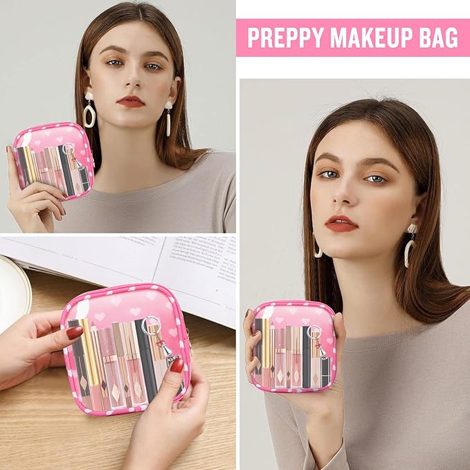 Mini Clear Travel Makeup Organizer Bag for Purse, Samll Cute Preppy Pink Makeup Bag Cosmetic Zipper Pouch Purse, Transparent PVC & Nylon Waterproof Toiletry Storage Clutch for Women Girls(Pink Heart)