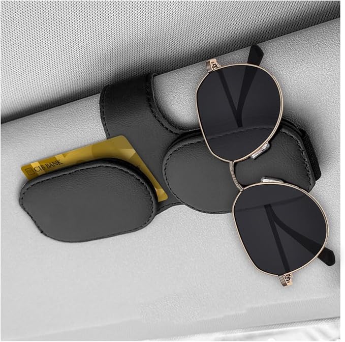 DXNQ Sunglass Holder for Car Sun Visor, Leather Magnetic Eyeglass Holder Mount Clip for Visor, Universal Eyeglasses Hanger and Ticket Card Clip for Vehicle Visor, Car Accessories (Black+Double Clip)