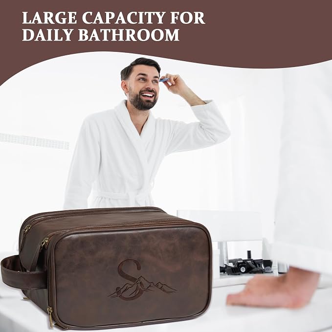 Janhavi Gifts for Him, Personalized Initials & Mountain,Waterproof Toiletry Bag For Shower Caddy, Makeup Organizer Travel Bag, Men's Accessories Case, Mens Travel Bag Toiletry (Dark Brown F)