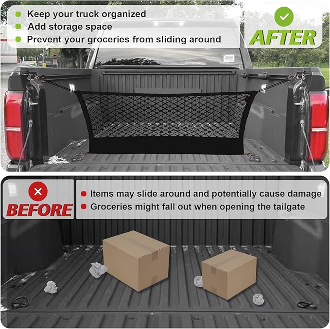 Muslogy Truck Bed Cargo Net Trunk Netting Compatible with 2024 2025 2026 Toyota Tacoma Accessories, Pickup Cargo Organizer SUV Sedan Storage Net w/Heavy Duty Carabiners