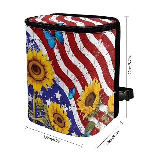 Biyejit Car Trash Can with Lid Car Accessories Leak Proof Car Trash Bag Hanging Waterproof Car Garbage Can Multipurpose Storage Container for Back Seat Road Trip, American Flag Sunflower