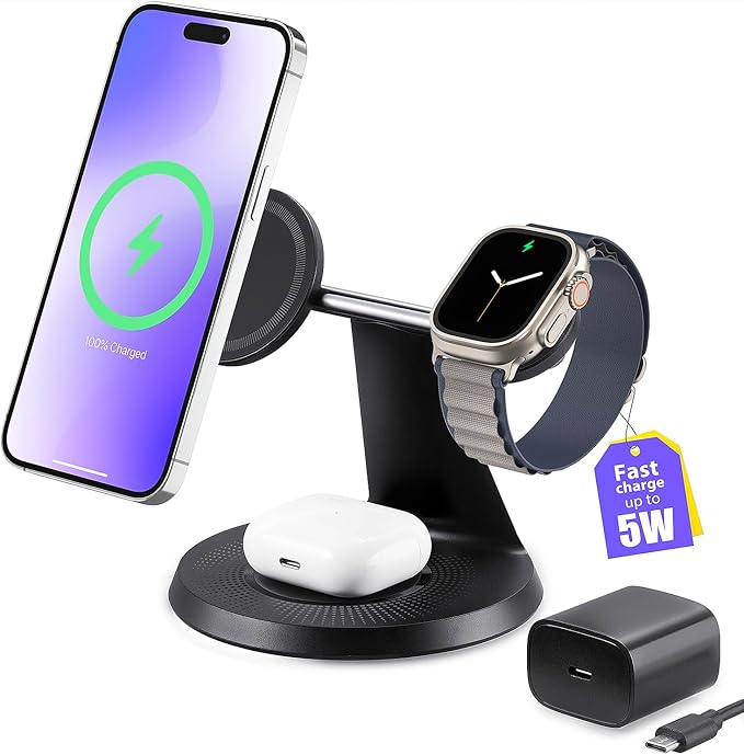 3-in-1 Wireless Charging Station for Apple Devices - Fast Charging Station for iPhone and Watch with MagSafe, Stable Charger Stand for iPhone 17 Air 16 15 14 13 12 Series & iWatch & AirPods