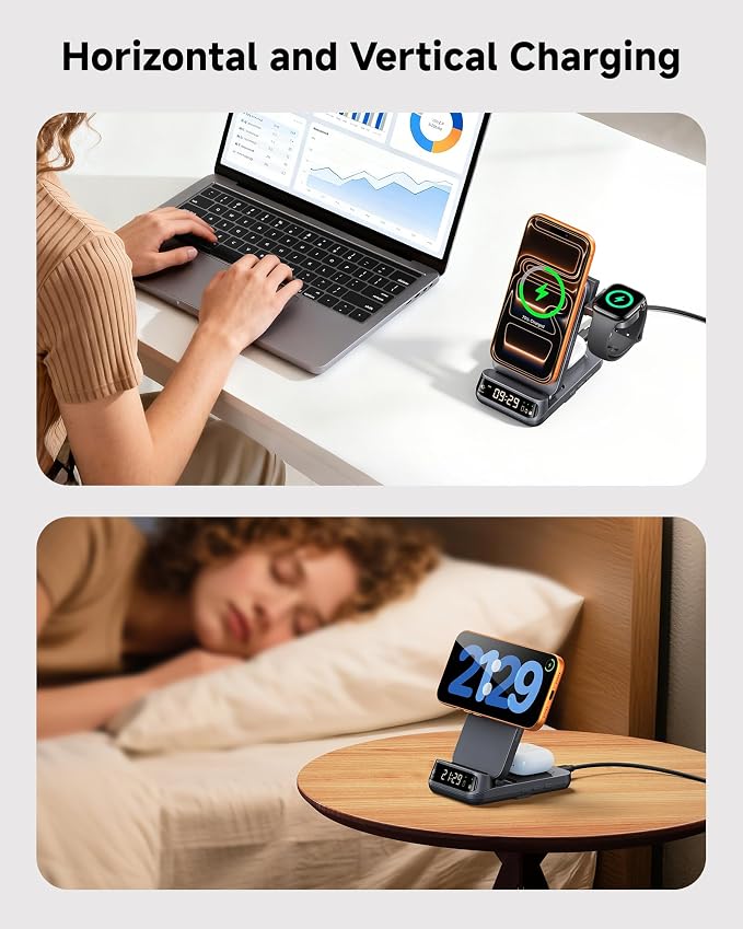 25W 3 in 1 Wireless Charger Stand Compatible with MagSafe, Foldable Travel Magnetic Charging Station with Clock for iPhone 17/16/15 Series, Apple Watch, Air Pods, SwanScout 708M-25W
