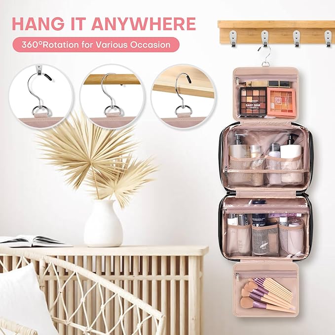 HXLGMD Travel Size Toiletry Bag for Women, Portable Cosmetic Bag with Hanging Hook, Travel Essentials Water-resistant Makeup Organizer for Accessories, Shampoo, Full-size Container, Toiletries