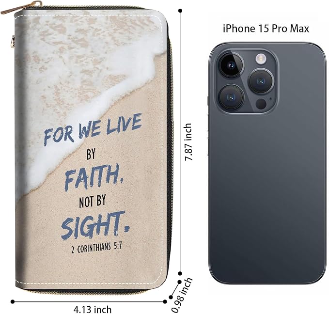 Women's Large Capacity Wallet PU Leather Zip Around Clutch Purse Multifunctional Wallet with Removable Wristlet Strap for Smart Phone/Coin/Card/Cash, Beach Waves Quote 2 Corinthians 5:7