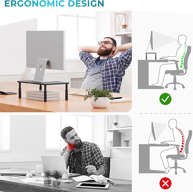 BONTEC Monitor Stand 2 Pack Height Adjustable Metal Riser with Pen Holder, Black, 14.5??x 9.1?? Ergonomic Desktop Stand for Computer, Printer, Laptop, Adjustable Desk Riser with Cable Management
