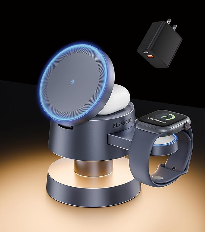 4-in-1 Magnetic Wireless Charging Station for iPhone 17/16/15/14 Pro Max, with Night Lamp and 20W Adapter Wireless Charging Station Fast Charging for Apple Watch, Earphones & Multiple Devices