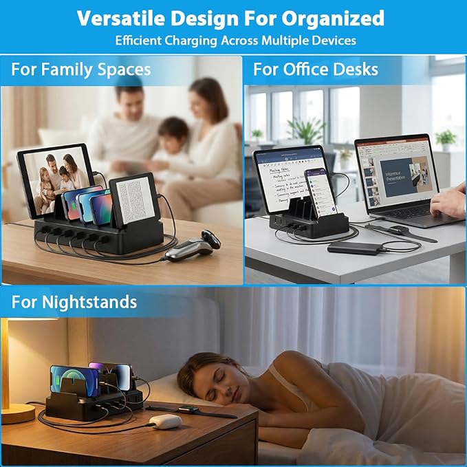 Charging Station for Multiple Devices, 6 Port USB Desktop Charger Dock Compatible with iPad, Samsung, Android, Tablet, Family Multi Phone Charging Organizer with Divider Holders, Fireproof ABS (Black)