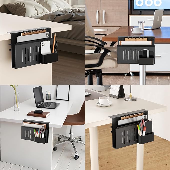 Onemake Desk Side Storage, No Drill Laptop Holder, Clamp on Desks Shelf with Magnetic Pen Holder, Hanging Desk Organizer for Home Office, Fits Flat Edge Tables 0.4" to 2.3"
