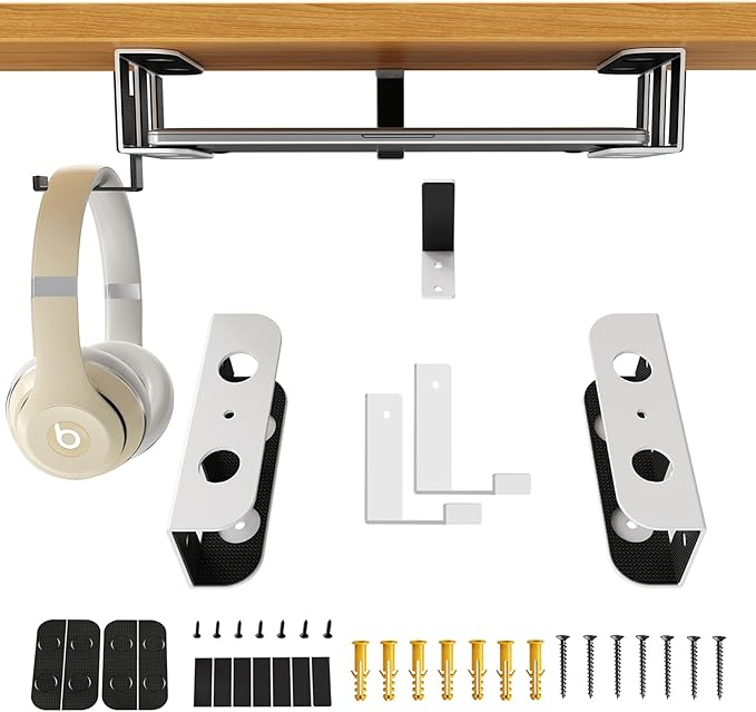 BYMECOST Under Desk Laptop Storage Mount, Metal Under Desk Device Holder, for Devices Up to 1.37" Thick, MacBook, Mini, Keyboard, Router, with Anti-Scratch Silicone (White, 2.1" with Hook)