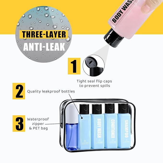 GearTrust Labeled Travel Bottles for Toiletries, 3.4oz TSA Approved Travel Shampoo and Conditioner Bottles with Spray, Leak Proof Clear Plastic Containers with Flip Cap-5 PCS