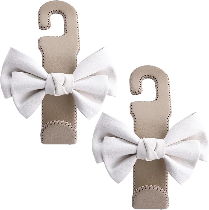 Car Purse Hook, Cute Bow Hooks for Headrest - Leather U-Shaped Purse Holder for Car, Flexible Seat Back Organizer & Durable Vehicle Accessories for Bags, Coats & More (Beige-2 Pack)