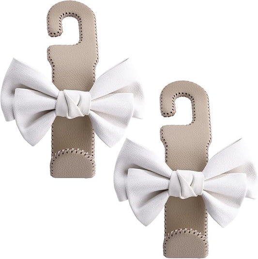 Car Purse Hook, Cute Bow Hooks for Headrest - Leather U-Shaped Purse Holder for Car, Flexible Seat Back Organizer & Durable Vehicle Accessories for Bags, Coats & More (Beige-2 Pack)
