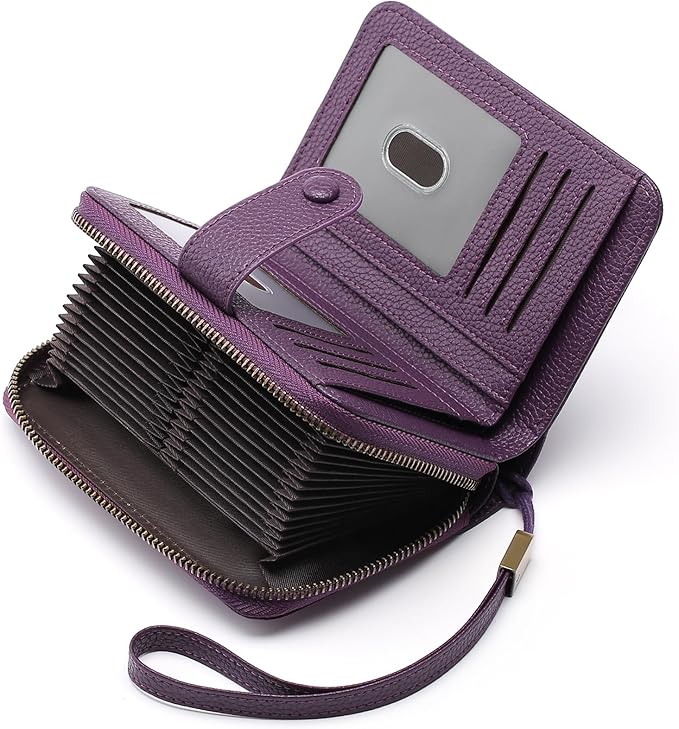GAEKEAO Leather Credit Card Holder Wallet for Women RFID Blocking Large Capacity Bifold Zipper Card Case Organizer with Wristlet 32 Slots