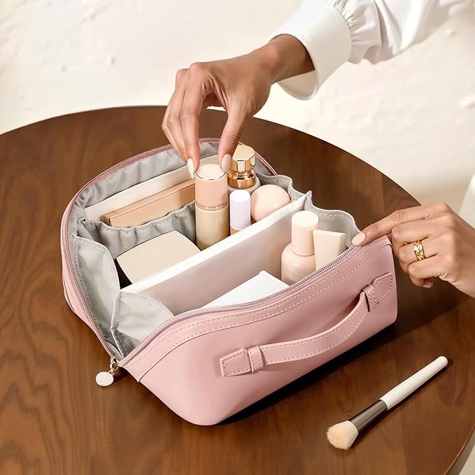 mibasies Flat Lay Open Travel Makeup Bag, Dual-Zipper Diagonal Cosmetic Bag, Large Capacity Waterproof Toiletry Bag for Women