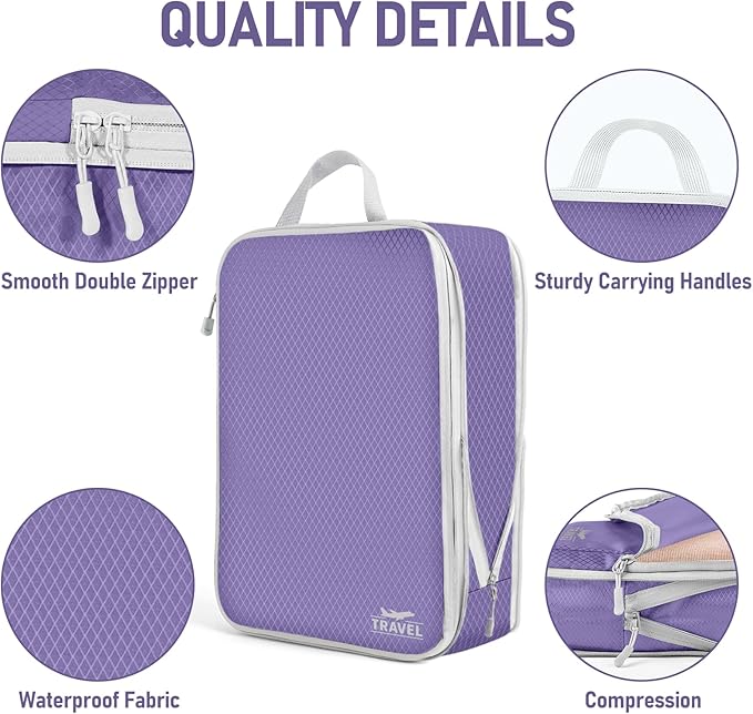 4 Set Compression Packing Cubes, Suitcase Organizer, Lightweight Travel Essentials, Compression Bags For Travel Accessories Luggage Storage Set (4 Pcs, Purple)