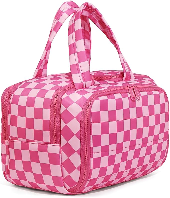 Travel Toiletry Bag, Spacious Hot Pink Checkered Toiletry Bag for Women,Large Toiletry Bags for Traveling,Lightweight Travel Cosmetic Makeup Bag Organizer for Accessories,Toiletries (Pink Checkered)