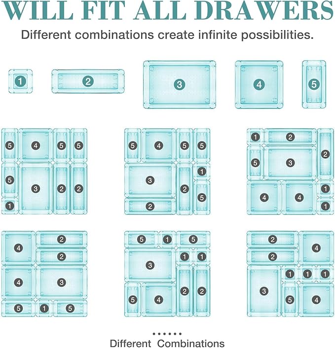 16 PCS Drawer Organizer Set, 5 Varied Size Bathroom and kitchen Drawer cabinet organizer Trays, Clear Storage Bins for Makeup, Jewelry, Utensils and Gadgets