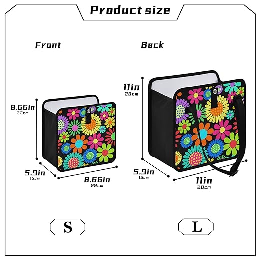 Hippie Flower Car Trash Can Foldable Hanging Car Trash Bag Bin Floral Daisy Colorful Auto Garbage Can Leak-Proof Car Organizer(Large)