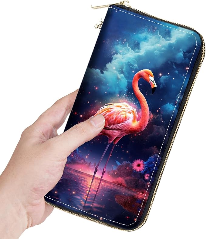 Women's Large Capacity Wallet, Portable PU Leather Zipper Wallet for Smart Phone/Card/Coin/Cash, Multifunctional Clutch Wallet with Removable Wristlet Strap - Flamingo