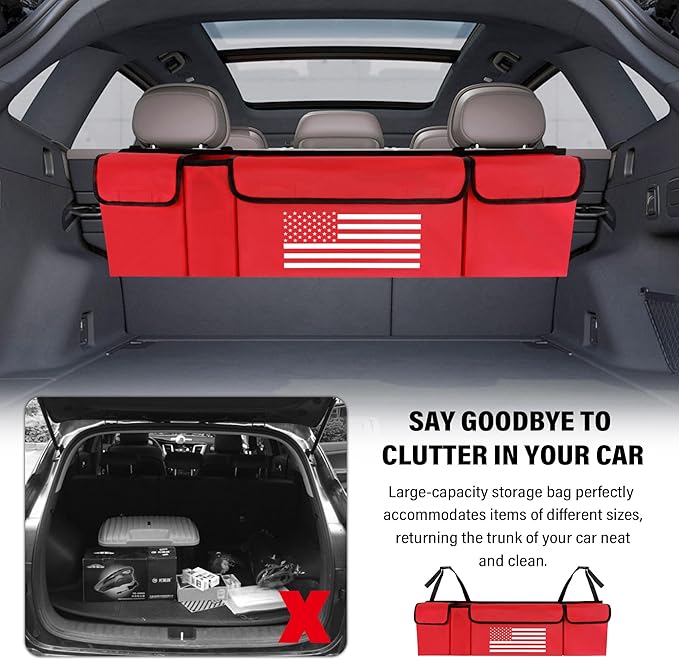 Turcee Car Trunk Organizer,Large Capacity Car Storage Organizer with US Flag Design,Hanging Foldable Car Organizers and Storage Car Interior Accessories (Red)