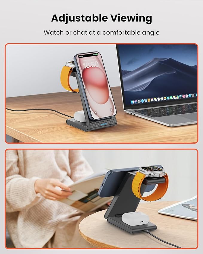 GEEKERA 3 in 1 Wireless Charging Station for Magsafe, Foldable Magnetic Wireless Charger Stand for Multiple Devices, Wireless Charger for iPhone 17 16-12 Series, Apple Watch 11-2, AirPods 4/3/2/Pro
