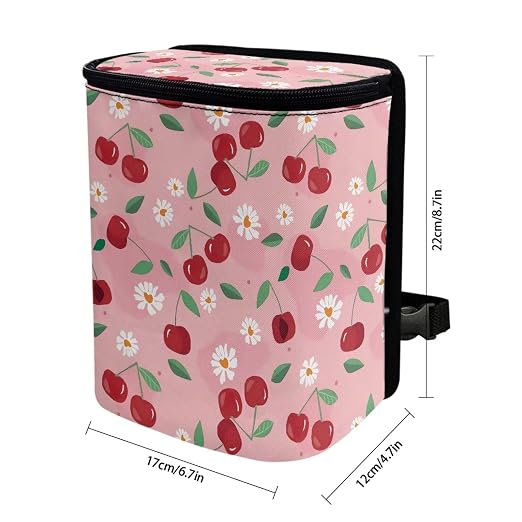 Car Trash Can with Lid - Leak-Proof Garbage Bin, Hanging Waste Basket, Interior Organizer Bag, Cherry Daisy