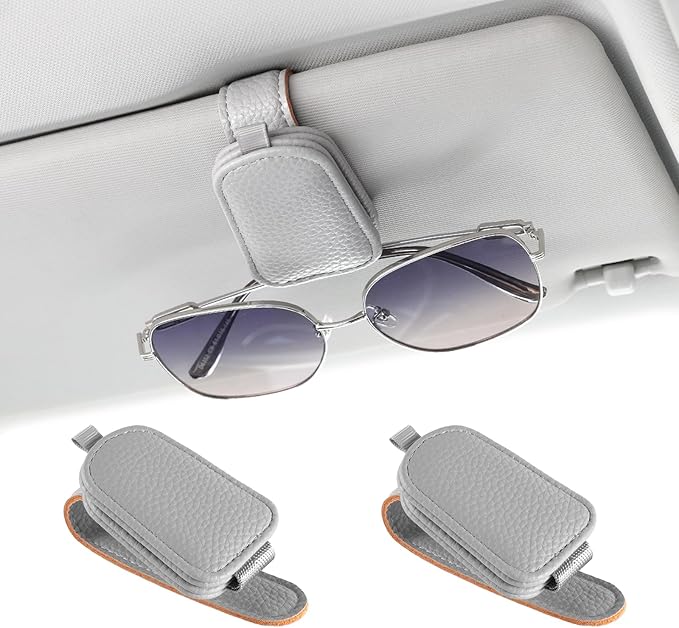 JUSTTOP 2 Pack Sunglasses Holders for Car, Magnetic Leather Buckle Sun Visor Sunglass Clip, Ticket Card Clip Sunglasses Mount, Car Interior Accessories for Men and Women (Gray)