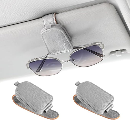 JUSTTOP 2 Pack Sunglasses Holders for Car, Magnetic Leather Buckle Sun Visor Sunglass Clip, Ticket Card Clip Sunglasses Mount, Car Interior Accessories for Men and Women (Gray)