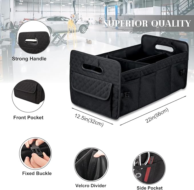 JiatuA Car Trunk Organizer for SUV, Car Storage Organizer Collapsible Multi Compartment Container Box, Adjustable Car Accessories for Women/Men, Black