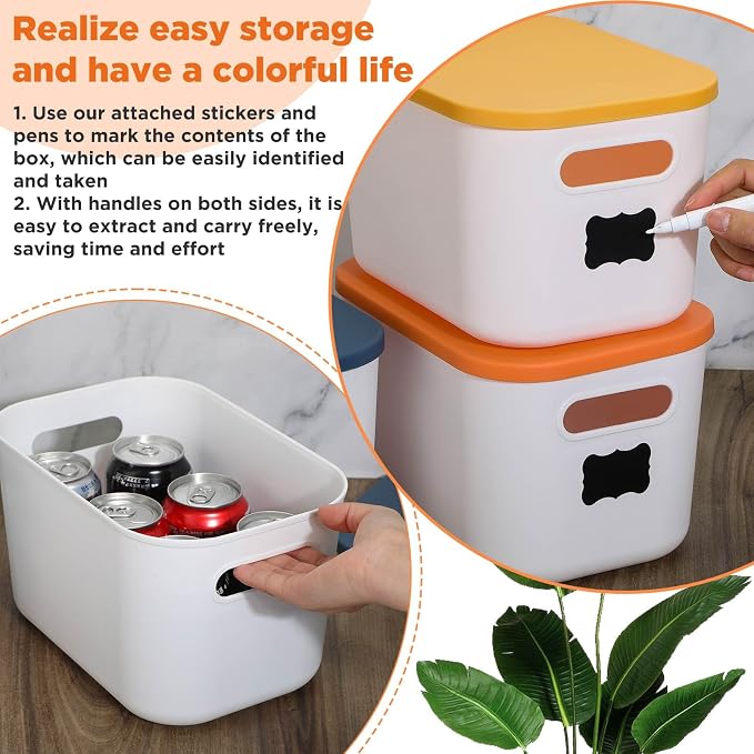 Thyle 12 Pack White Plastic Storage Bins with Lids, Back to School Stackable Storage Container with Handle Label for Organizing Toy Craft for Classroom Shelf Bedroom Office 10 x 7 x 6 Inch