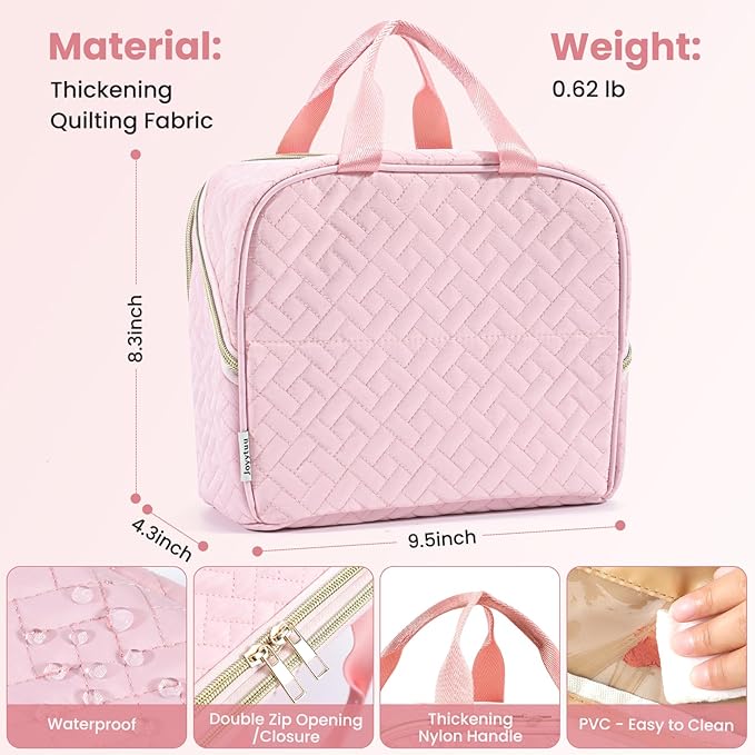 Makeup Bag, Large Capacity with Room for Brushes and Mirror, Travel Makeup Organizer, Portable Standing Make Up Case, Waterproof Cosmetic Bags with Handle, Color Pink