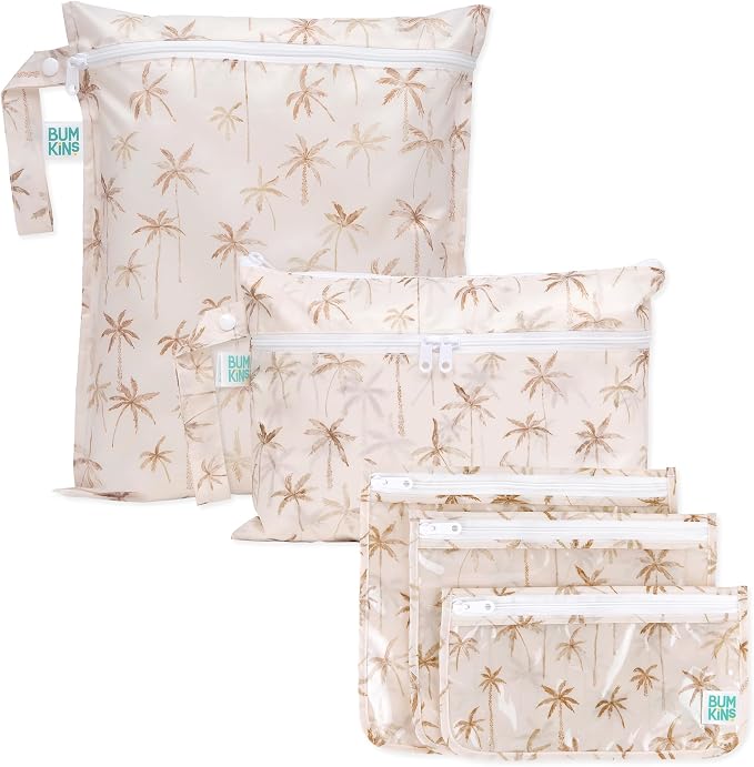 Bumkins - Waterproof Wet Bag, Wet/Dry Clutch & Clear Travel Bags - For Beach, Baby, Travel, Cloth Diapers, Pump Parts, Pool, Gym, Toiletries - Reusable & Easy to Clean - Palm Trees - 5 Pack