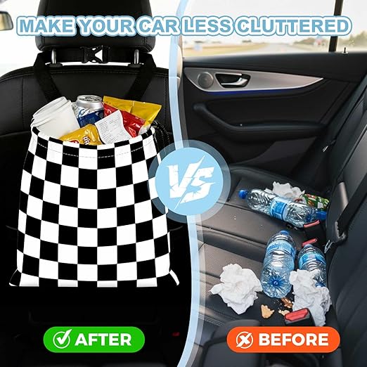 Black White Chessboard Car Trash Bag - Waterproof Car Trash Bag Hanging Leakproof Car Garbage Bag - Washable Reusable Trash Bag For Car Interior Hanging Organizer Storage Vehicle Travelling Camping